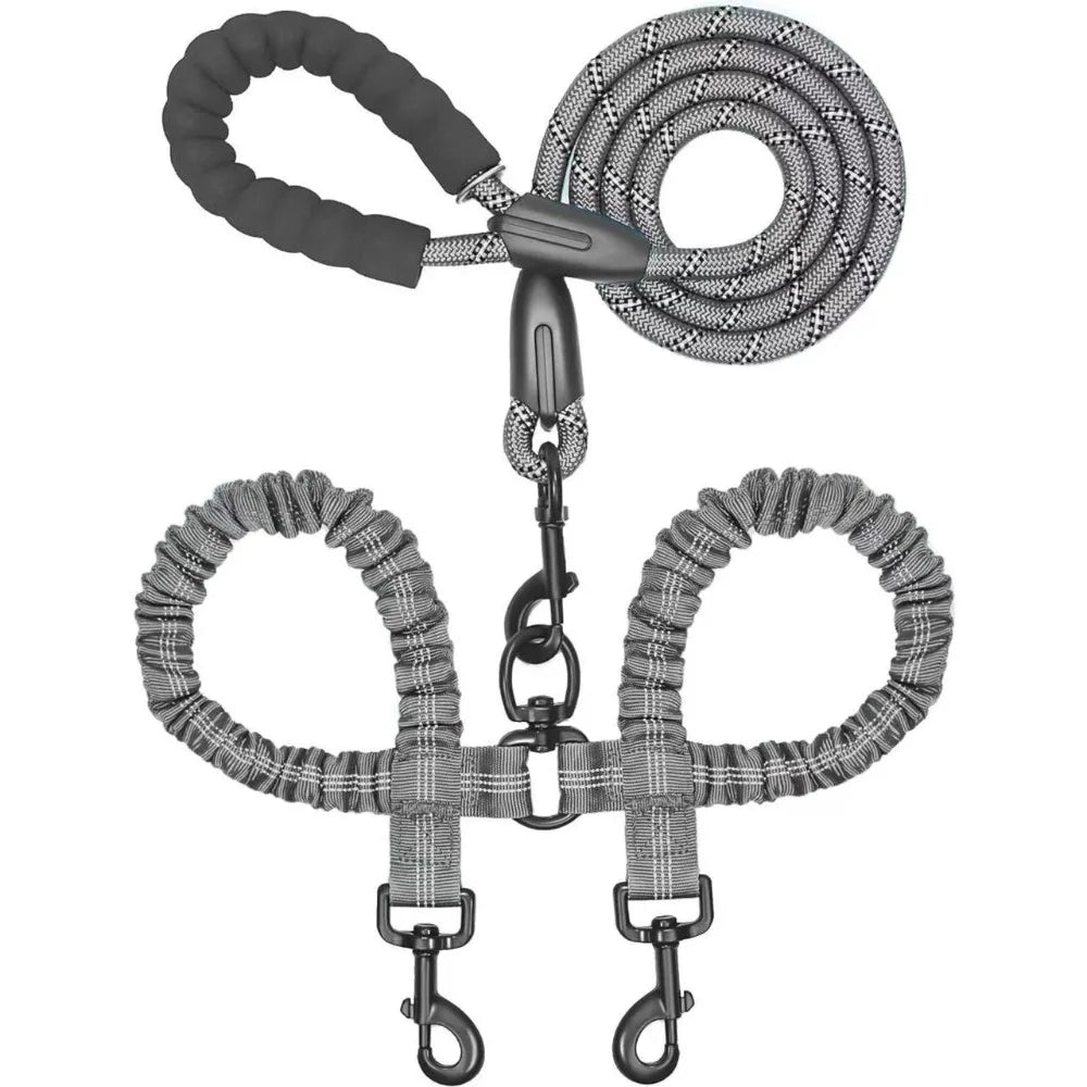 FlexiWalk™ Shock-Absorbing Double Dog Leash – Nylon, Stretchable, Anti-Winding for Comfortable Walks